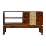 Meuble TV avec 2 tiroirs de rangement en manguier massif fabriqué à partir de bois de manguier massif par des artisans qualifiés.