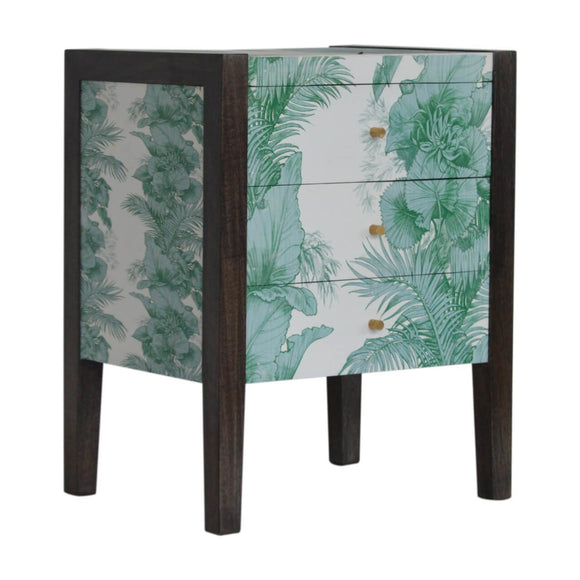 Petit meuble de rangement de forme rectangulaire imprimé tropical avec des lignes épurées coloris noir cendré. 