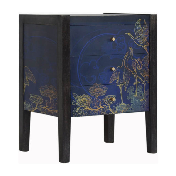 Petit meuble de rangement bleu nuit de forme rectangulaire imprimé tropical avec des lignes épurées coloris noir cendré.
