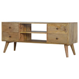 Meuble TV en bois de manguier massif avec 4 tiroirs de rangement et 2 casiers ouverts.