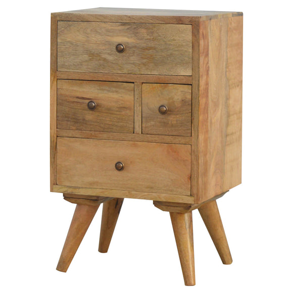Petit meuble à 4 rangements rustique fabriqué à partir de bois de manguier exotique. 