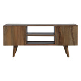 Meuble de salle de séjour en manguier style scandinave avec 2 étagères de rangement, 1 armoire et 2 casiers ouverts. 