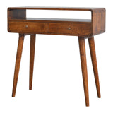 Bureau en bois massif design exotique pas cher famille bois teck massif polyvalent de couleur bois foncé naturel en manguier massif avec 2 tiroirs de rangements et des pieds obliques design scandinave fait-main.