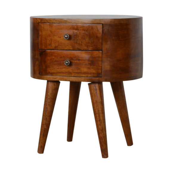 Petite table de chevet en bois massif de forme circulaire fait-main coloris marron.