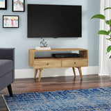 Meuble tv design scandinave de forme rectangulaire incurvée en bois de manguier massif.