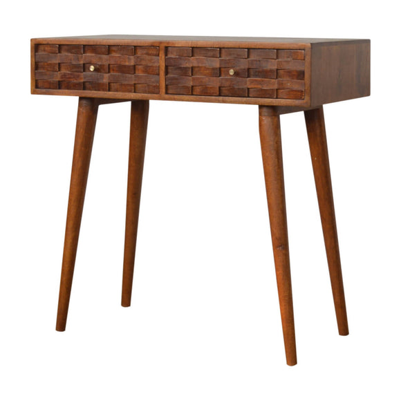 Achetez une table console design et contemporaine pas cher sculptée de forme rectangulaire avec des pieds obliques, coloris foncé, fabriquée à partir de bois de manguier massif.