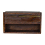 Étagère murale en bois massif de forme rectangulaire coloris foncé.