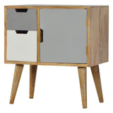 Meuble d'appoint avec deux tiroirs fermés et 1 porte fabriqué en bois massif de manguier. 