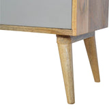 Meuble TV bois exotique teintes bicolore avec des grands rangements. 