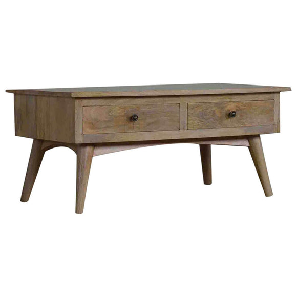 Table basse traditionnelle rustique en manguier massif famille bois teck avec des finitions chêne massif. Une table basse polyvalente qui peut également être un petit meuble tv pour appartement.