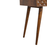 Table console design et contemporaine pas cher sculptée de forme rectangulaire avec des pieds obliques, coloris foncé, fabriquée à partir de bois de manguier massif.