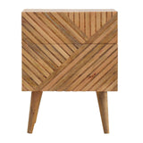 Table d'appoint, chevet design scandinave en manguier avec des finitions en façade sculptées en bois de chêne massif. 